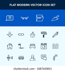 Modern, simple vector icon set with astronaut, fashion, road, sun, direction, pencil, write, house, bed, estate, moon, roll, tool, construction, beach, paint, chat, place, space, planet, hand icons