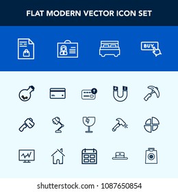 Modern, simple vector icon set with female, card, list, crane, shattered, bedroom, field, industry, double, plastic, sign, hammer, buy, internet, tool, window, cash, light, axe, currency, pole icons