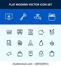 Modern, simple vector icon set with laundry, house, white, business, nature, machine, infographic, paper, template, cash, housework, estate, environment, blank, appliance, landscape, glass, zoom icons