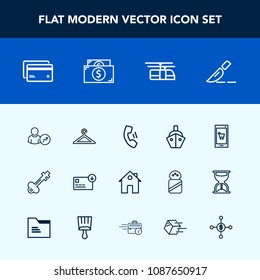 Modern, simple vector icon set with ship, telephone, hanger, lock, debit, clothing, doctor, medical, technology, clothes, train, boat, phone, sea, transportation, house, fashion, account, blue icons