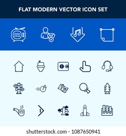 Modern, simple vector icon set with toilet, note, road, support, cash, paper, night, hanger, tv, money, message, restroom, house, antenna, technology, music, finance, microphone, man, pointer icons