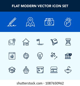 Modern, simple vector icon set with online, home, fahrenheit, time, temperature, call, bag, house, cash, write, sand, luggage, pen, timer, light, real, electric, clock, pencil, operator, airport icons