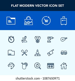 Modern, simple vector icon set with file, paper, sign, reward, luggage, boat, time, win, clock, guitar, bag, trip, drill, map, blank, musical, hand, navigation, suitcase, music, shuttle, timer icons
