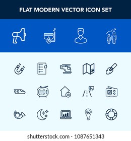 Modern, simple vector icon set with avatar, human, house, contract, magnetic, profile, success, television, video, personal, railway, helicopter, real, transport, progress, megaphone, field, map icons