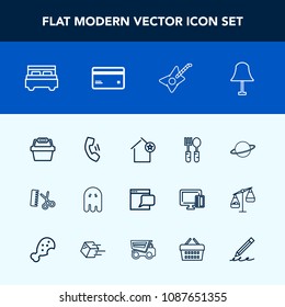 Modern, simple vector icon set with telephone, home, guitar, house, communication, spoon, bedroom, basket, scary, internet, ghost, chat, double, astronomy, interior, restaurant, dinner, store icons