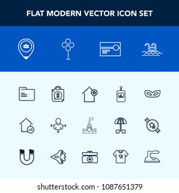 Modern, simple vector icon set with pool, direction, paper, apartment, control, stereo, blank, mask, summer, home, sale, architecture, tv, job, water, file, property, masquerade, television, tag icons