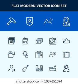 Modern, simple vector icon set with employee, click, equipment, object, job, element, protection, security, money, library, leather, book, kitchen, shovel, tshirt, finance, button, hot, cash icons