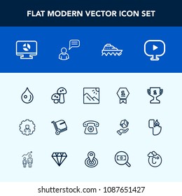 Modern, simple vector icon set with sea, account, chat, award, photography, rain, technology, internet, cell, achievement, ship, baggage, web, chart, infographic, white, first, winner, boat, bag icons