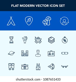 Modern, simple vector icon set with direction, camp, hotel, profile, south, space, travel, pottery, room, person, astronomy, refresh, clock, edible, business, food, sand, outdoor, hour, player icons