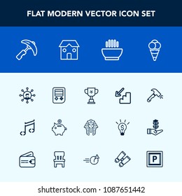 Modern, simple vector icon set with down, culture, construction, music, egypt, technology, equipment, downstairs, white, communication, display, industry, pharaoh, picking, note, sound, victory icons