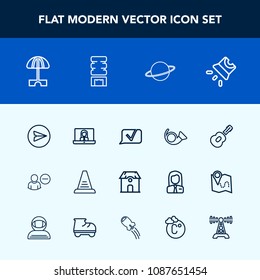 Modern, simple vector icon set with astronomy, parasol, summer, ladder, communication, email, umbrella, drink, architecture, container, planet, trumpet, delete, cold, business, message, white icons