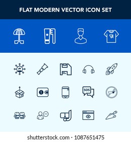 Modern, simple vector icon set with astronomy, tshirt, wallet, telescope, audio, profile, sound, avatar, music, umbrella, rocket, parasol, business, cash, typography, night, shuttle, sun, summer icons
