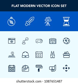 Modern, simple vector icon set with south, calendar, head, casino, complete, button, technology, literature, book, arrow, video, browser, web, game, highway, movie, paper, left, window, hat, bus icons