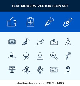Modern, simple vector icon set with trumpet, search, banner, travel, healthcare, delete, user, bugle, blank, billboard, equipment, button, account, step, ladder, gift, outdoor, tent, retail, up icons