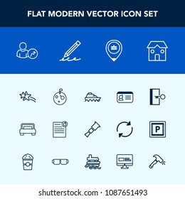 Modern, simple vector icon set with building, shiny, flag, bed, exit, estate, education, business, telescope, web, contract, star, sky, water, identification, location, house, work, construction icons