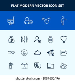 Modern, simple vector icon set with money, pointing, musical, hand, fashion, web, snorkel, jazz, cloud, sea, white, account, water, bag, sunglasses, bugle, internet, sun, heart, mask, status icons