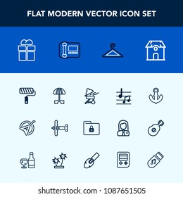 Modern, simple vector icon set with bbq, war, clothing, present, box, file, boat, sea, tool, building, folder, gift, package, house, grill, paint, barbecue, sound, giftbox, plane, lock, summer icons