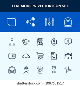 Modern, simple vector icon set with office, cart, parachute, transport, square, cartoon, frame, fan, sky, purse, mouse, hair, wallet, alien, white, technology, device, cash, parachuting, space icons