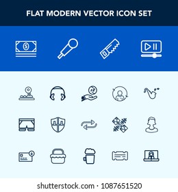 Modern, simple vector icon set with web, fashion, dollar, construction, musical, technology, bank, video, protection, template, arrow, refresh, coin, concept, headphone, trumpet, replacement icons