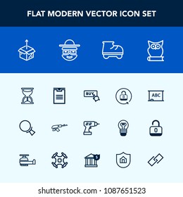 Modern, simple vector icon set with protection, hand, sign, new, work, delivery, open, white, weapon, hour, blackboard, button, equipment, sand, search, fun, shipping, military, time, unlock icons
