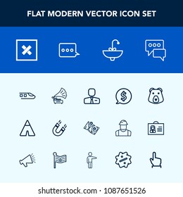 Modern, simple vector icon set with sink, road, location, music, bubble, message, tag, camp, water, employer, transport, record, price, tent, field, map, vintage, grizzly, people, job, circle icons