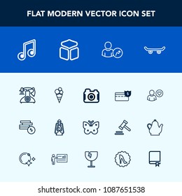 Modern, simple vector icon set with musical, metal, wing, cream, extreme, old, account, food, encyclopedia, skateboard, profile, photographer, skater, note, skate, phone, cube, camera, kerosene icons