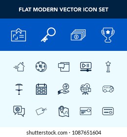Modern, simple vector icon set with chat, timetable, award, speech, house, game, winner, currency, day, calendar, home, achievement, id, interface, message, place, finance, gambling, light, time icons
