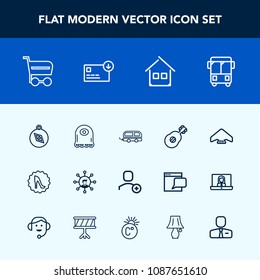 Modern, simple vector icon set with buy, jump, bus, screen, south, parachute, fashion, shop, travel, musical, estate, music, display, east, account, house, compass, web, north, frame, technology icons