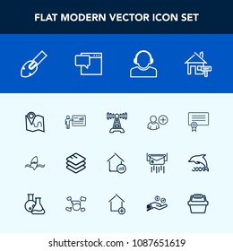 Modern, simple vector icon set with music, shovel, data, rent, estate, ocean, success, home, people, support, presentation, team, message, internet, tropical, communication, meeting, radio, user icons