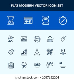 Modern, simple vector icon set with microscope, basket, video, direction, meat, grill, owl, music, service, movie, guitar, operator, hour, white, bird, cooking, support, south, adventure, bbq icons