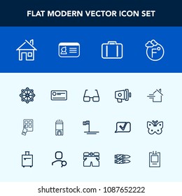 Modern, simple vector icon set with property, beach, finance, rudder, scale, fahrenheit, room, luxury, rent, airport, estate, money, eye, travel, loudspeaker, nautical, internet, mobile, helm icons