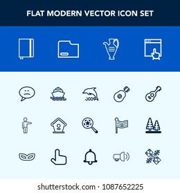Modern, simple vector icon set with ocean, mouse, pointing, magnifying, website, find, chat, nature, paper, pottery, jug, yacht, book, musical, file, decoration, music, dolphin, speech, people icons