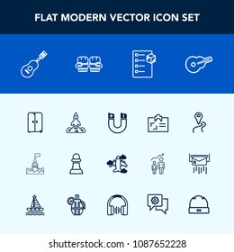 Modern, simple vector icon set with delivery, flight, rocket, horse, airplane, package, white, map, checklist, pole, business, space, launch, interior, field, musical, tower, navigation, castle icons