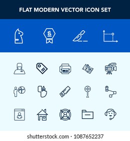 Modern, simple vector icon set with businessman, video, business, label, surgery, pin, construction, camera, hotel, hammer, clinic, lens, service, printer, lighter, people, geometry, hospitality icons