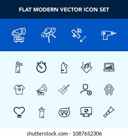 Modern, simple vector icon set with white, sea, record, space, airplane, print, horse, hand, screen, watch, light, game, retro, water, drill, graphic, flight, typography, ufo, chess, strategy icons