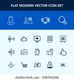 Modern, simple vector icon set with bike, sew, sewing, document, bicycle, human, id, identification, game, flight, search, find, airplane, security, loudspeaker, profile, lock, bank, identity icons