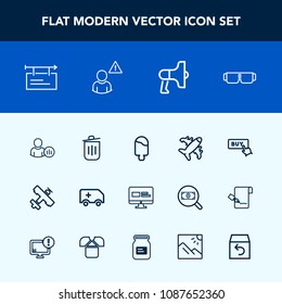 Modern, simple vector icon set with food, garbage, status, announcement, sign, speaker, medical, can, sweet, network, billboard, glasses, aircraft, alarm, ice, sun, ambulance, social, banner icons