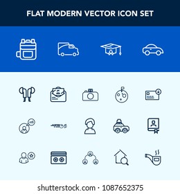 Modern, simple vector icon set with backpack, graduation, transport, strike, rucksack, bag, finance, post, business, freelancer, camera, leather, sign, ball, technology, sport, moon, sack, hit icons
