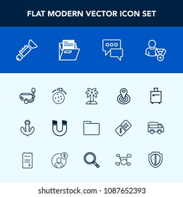 Modern, simple vector icon set with space, nature, blank, ship, paper, leaf, cycle, trumpet, center, jazz, field, tropical, file, location, mask, travel, bag, water, science, online, office, sea icons