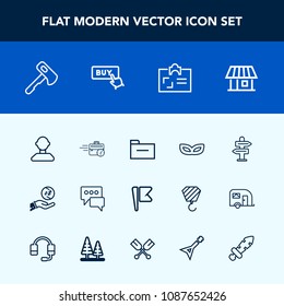 Modern, simple vector icon set with nation, office, estate, money, screwdriver, home, card, flag, dollar, personal, button, male, party, business, profile, investment, bubble, tool, way, message icons