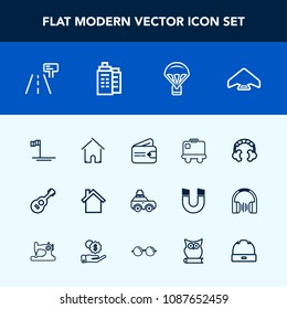 Modern, simple vector icon set with money, airport, fashion, audio, hat, sky, cell, building, street, mobile, car, bag, headset, cap, road, architecture, baggage, technology, beach, sign, blue icons