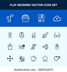 Modern, simple vector icon set with space, brush, sack, oar, sound, bag, boat, technology, cloud, care, internet, click, luggage, success, idea, paddle, eye, eyeglasses, music, money, mouse, add icons