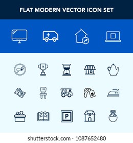 Modern, simple vector icon set with location, drink, hourglass, interior, web, competition, house, truck, kettle, vehicle, pc, profile, cup, comfortable, map, hour, computer, chair, no, laptop icons