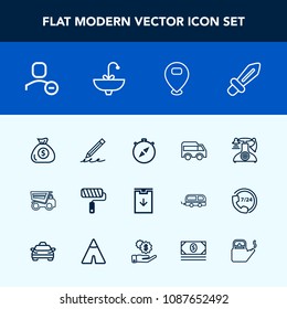 Modern, simple vector icon set with location, pencil, user, delete, financial, money, roll, call, vehicle, tipper, phone, compass, blade, finance, highway, bus, direction, sign, old, east, move icons