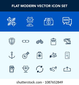 Modern, simple vector icon set with string, cash, finance, satellite, people, money, musical, sun, help, transportation, helm, sky, cycle, gift, shield, bike, wheel, phone, rudder, professional icons