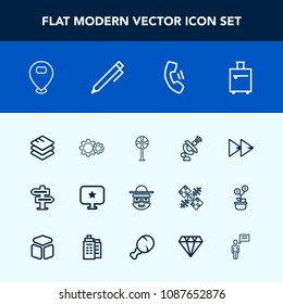 Modern, simple vector icon set with cooler, home, trip, communication, ventilator, luggage, player, cell, rewind, information, action, music, audio, space, location, suitcase, data, mobile, sign icons
