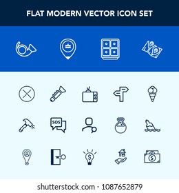 Modern, simple vector icon set with close, emergency, food, direction, equipment, ball, search, bugle, sos, computer, tv, finance, musical, construction, bank, cash, danger, jazz, travel, map icons
