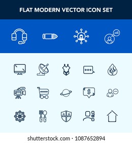 Modern, simple vector icon set with lens, satellite, screen, headset, monitor, work, planet, bikini, swimsuit, microphone, woman, white, display, antenna, tree, bullet, forest, buy, call, video icons