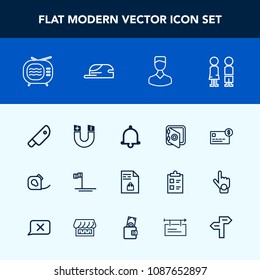 Modern, simple vector icon set with antenna, security, insulating, market, girl, ocean, baja, banking, happy, money, alarm, field, safe, tape, shopping, meat, kitchen, people, tv, knife, balance icons