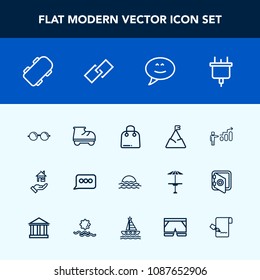 Modern, simple vector icon set with sale, electric, success, roller, leisure, nature, skate, extreme, sky, retail, buy, sign, growth, beautiful, landscape, eyeglasses, rent, skateboard, eye, fun icons